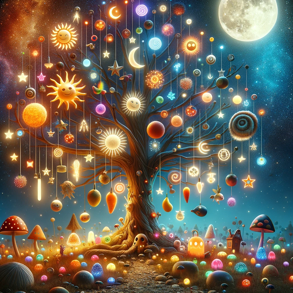 DALL·E 2023-12-23 18.32.26 - A whimsical and surreal scene featuring a tree with an assortment of random objects as lights. The tree is quirky, with branches in unusual shapes. In